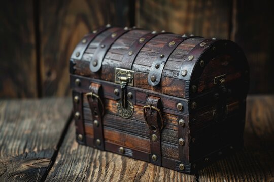 Closed dark wooden treasure chest on wooden table focused