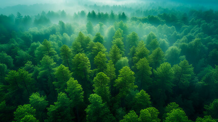 Naklejka na ściany i meble Aerial View of Summer Forest Landscape. Woodland Serenity. Top of the World