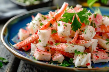 Closeup of delicious crab stick salad on blue plate