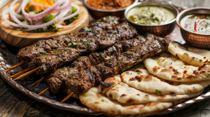 Assorted pakistani dishes featuring skewered kebabs, naan bread, and savory sides