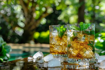 Closeup of two mint julep glasses with ice on a table trees in the background - obrazy, fototapety, plakaty