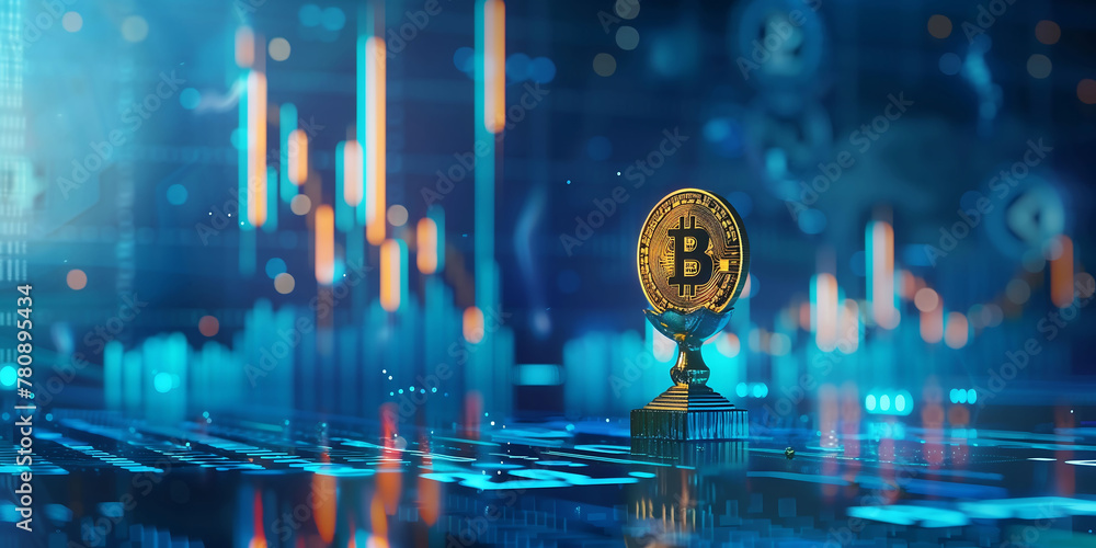 Poster close-up of a metallic golden bitcoin cryptocurrency coin standing on a computer board against the b
