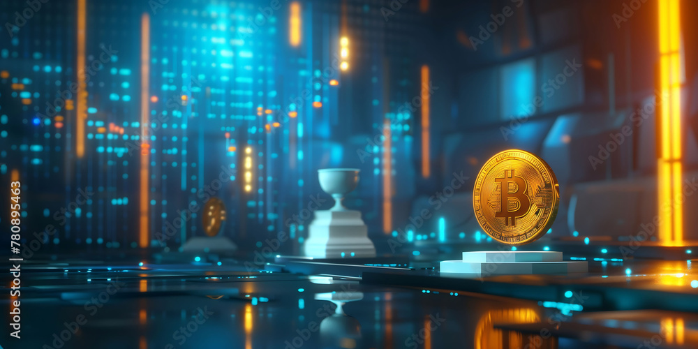 Poster close-up of a metallic golden bitcoin cryptocurrency coin standing on a computer board against the b