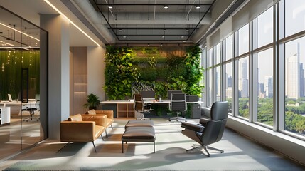 A spacious, modern office with ceiling-to-floor windows that frame a bustling urban park. The office is designed with a green wall, ergonomic furniture, and a clean, airy feel - obrazy, fototapety, plakaty