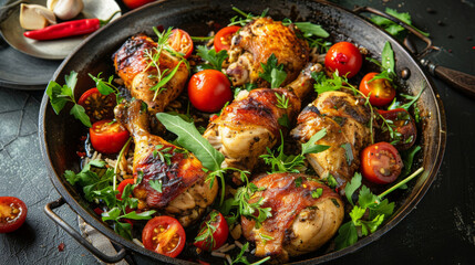 Spicy grilled chicken with fresh herbs and vegetables - obrazy, fototapety, plakaty