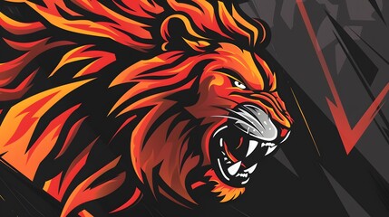 A sports team emblem, featuring a fierce, stylized lion's head roaring, with flames for its mane in...