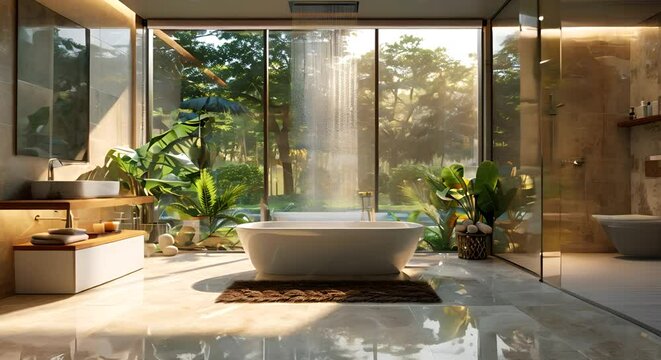 A bathroom with a large tub and a large window, offering plenty of space and natural light, A luxurious modern bathroom with a soaking tub and glass shower
