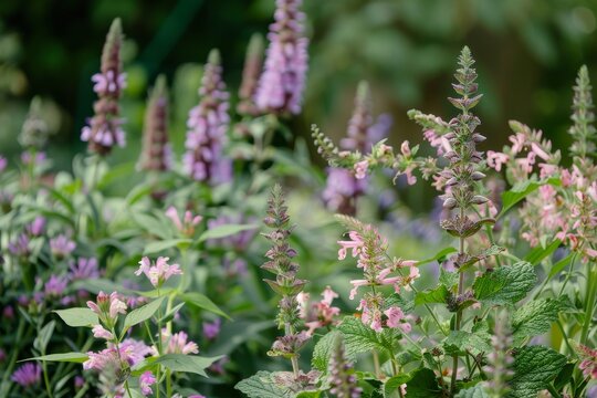 Clumps of clary sage and pink cleoma in the apothecary s garden