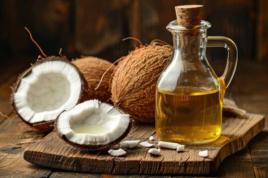 Coconut MCT oil and coconut halves on table Benefits of MCT oil Medium chain triglycerides are a type of fatty acid