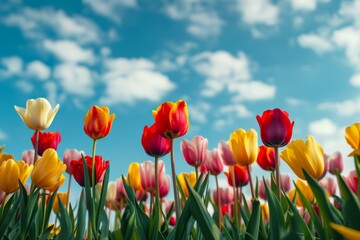 Colorful tulips in a flower bed under a cloudy sky - obrazy, fototapety, plakaty