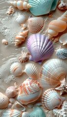 Pastel seashells on sandy beach, 3d render