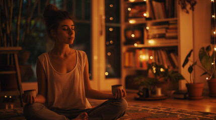  beautiful woman meditating at home, casual, happy and peaceful


