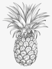 This intricate black and white illustration of a pineapple on a clean white backdrop perfectly captures the essence of this tropical fruit. Ideal for decor enthusiasts and food lovers alike.