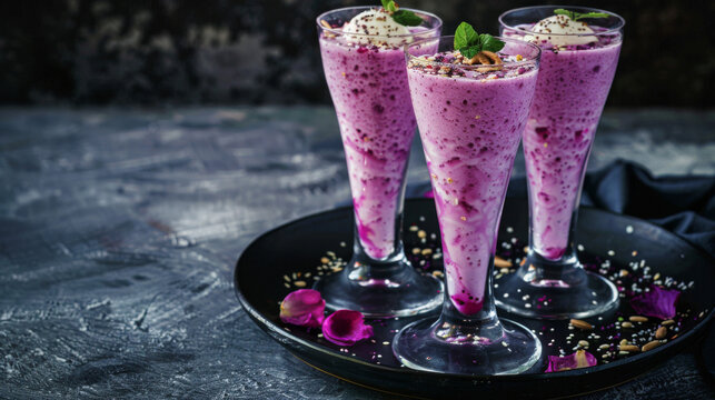 Traditional pakistani rose falooda dessert in tall glasses