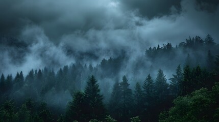 A thick, dark forest just before a storm, with dark clouds overhead casting the entire forest in a deep shadow, and the wind beginning to howl through the trees. - 780896806