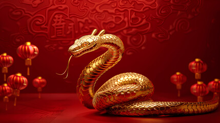 Chinese New Year, year of the snake. Chinese snake on a red background, with copy space