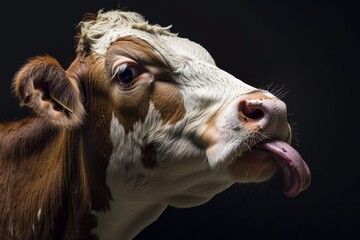 Cow cleaning itself on dark background