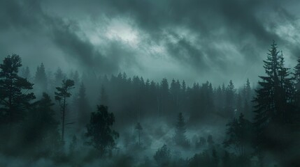A thick, dark forest just before a storm, with dark clouds overhead casting the entire forest in a deep shadow, and the wind beginning to howl through the trees. - 780896888