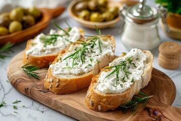 crispy baguette with herbed cream cheese on wooden board
