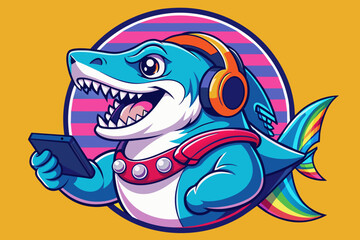 A bold and vibrant t-shirt design featuring a retro-inspired shark wearing headphones, adorned with a rainbow of colors. 