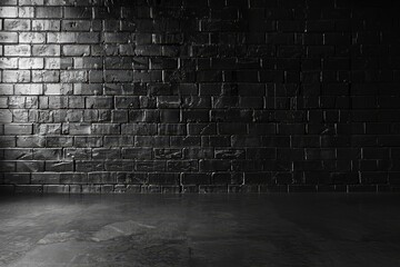 Dark room with black brick wall and concrete floor as a backdrop