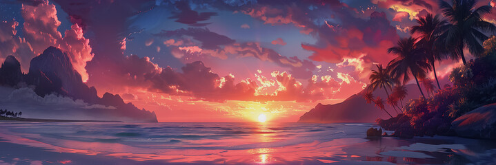 A beautiful sunset on the beach with palm trees and mountains on the background. A fantasy world in digital art style. Banner illustration with copy space for text.