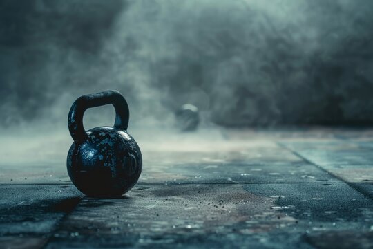 Dark kettlebell on dusty mat in intense gym environment