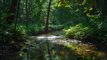 A thick, dark forest with a small, clear stream winding through it, reflecting the sparse light that filters through the dense canopy above