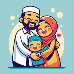 cartoon of a Muslim family hugging in a flat design style
