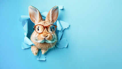 Cute happy rabbit with glasses looking through hole in blue paper wall with copy space for text.