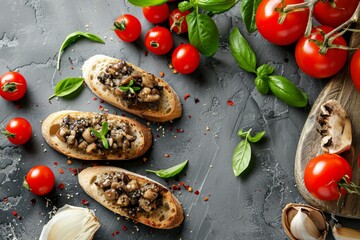 Delicious bruschettas with truffle sauce on a grey table flat lay - obrazy, fototapety, plakaty