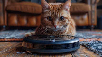 Cat on a robotic vacuum cleaner