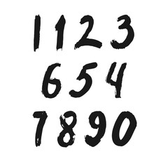 Set of calligraphic numbers painted by black brush on isolated white background. Lettering for your design. Vector illustration.