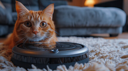 Cat on a robotic vacuum cleaner - obrazy, fototapety, plakaty