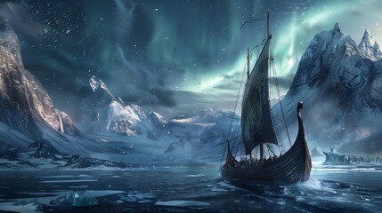 A Viking ship navigating through icy waters of the North Atlantic with a full sail and a crew of...