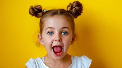 Little girl making funny face with her tongue out and yellow background.