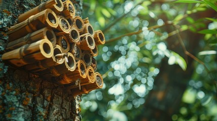 a natural wood insect hotel or bee hotel filled with bamboo tubes.