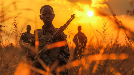 Child Soldiers at Sunset - obrazy, fototapety, plakaty