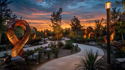 A winding path through a mechanical garden at sunset, with street lamps casting a soft glow on...
