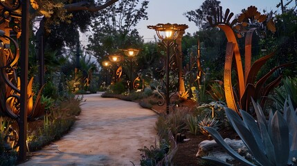 A winding path through a mechanical garden at sunset, with street lamps casting a soft glow on sculptures of iron and steel that mimic the shapes of exotic plants and animals.