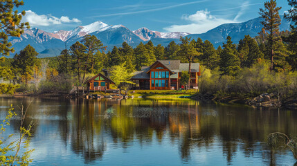 Fototapeta premium House by the lake with mountains in the background