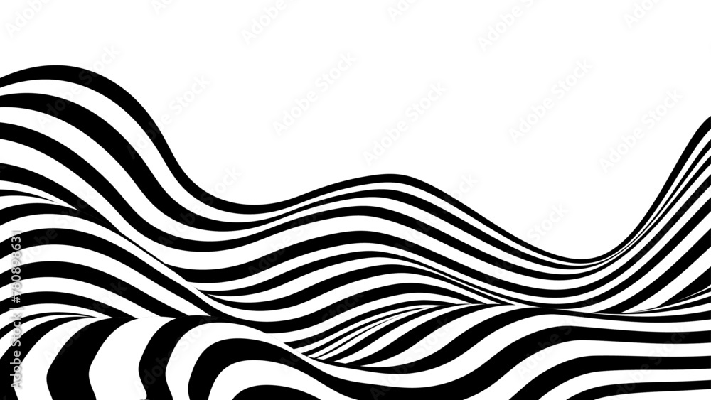 Fototapete abstract stripe wave with black and white line pattern. 3d optical op art background in trendy y2k p
