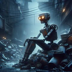 Fallen kingdom of a robot, sitting alone - obrazy, fototapety, plakaty