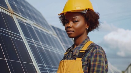 Portrait of a African American female engineer in a hard hat working with solar panels. - obrazy, fototapety, plakaty