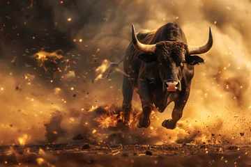 Gordijnen Bull running through a dusty field, exuding strength and vitality against the rustic backdrop © inspiretta