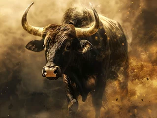 Foto auf Acrylglas Antireflex Bull running through a dusty field, exuding strength and vitality against the rustic backdrop © inspiretta