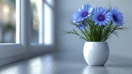   A white vase, brimming with blue blossoms, rests atop a weathered wooden table Nearby, a pristine windowsill shelters the scene