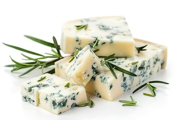 Diced blue cheese with rosemary on white background