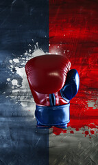 Boxing glove with abstract French flag design and paint splatter effect - obrazy, fototapety, plakaty