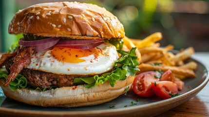 Gourmet burger with egg and fries on wooden table